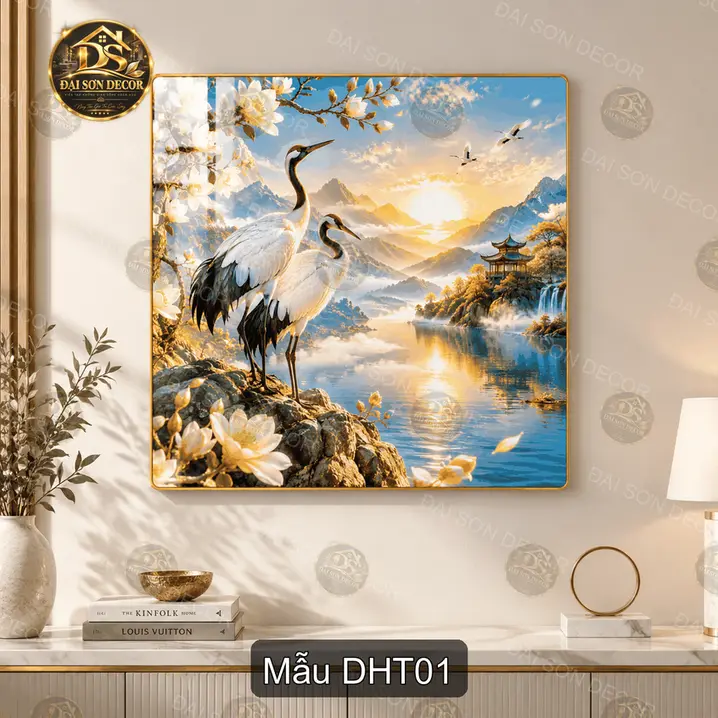 Tranh tráng gương đôi hạc tiên phong cảnh sơn thủy trang trí phòng khách DHT01