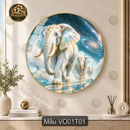 Tranh tráng gương thư pháp Voi 001 nghệ thuật trang trí phòng khách phong cách sang trọng
