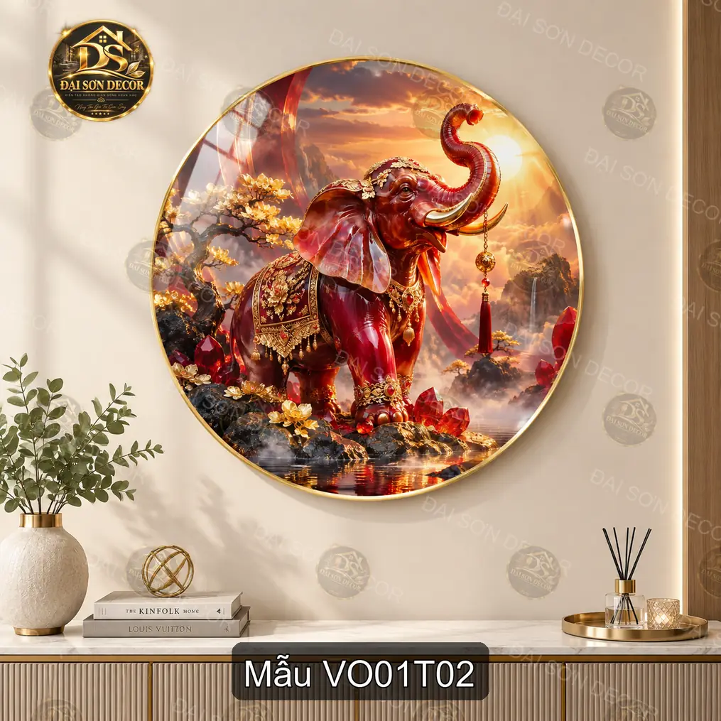 Tranh tráng gương thư pháp Voi 001 nghệ thuật trang trí phòng khách phong cách sang trọng