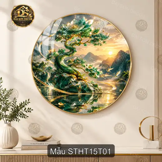 Tranh tròn tráng gương Sơn thủy hữu tình 015 cây hoa sen decor tường hiện đại sáng đẹp