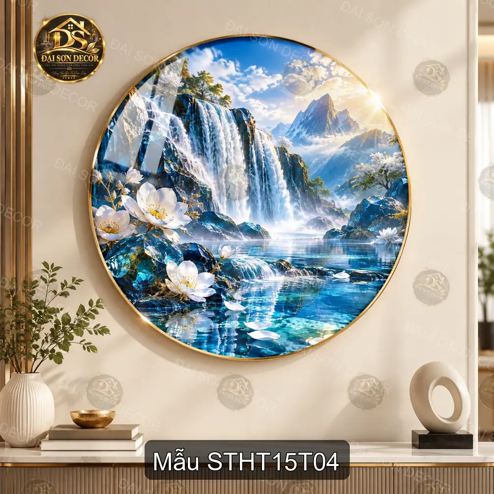 Tranh tròn tráng gương Sơn thủy hữu tình 015 cây hoa sen decor tường hiện đại sáng đẹp
