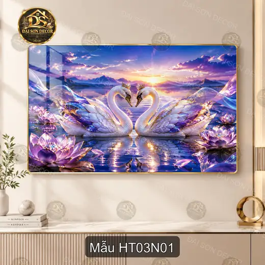 Tranh treo tường tráng gương Hạc tiên 003 thiên nga hồ sen cảnh hoàng hôn decor phòng khách
