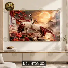 Tranh treo tường tráng gương Hạc tiên 003 thiên nga hồ sen cảnh hoàng hôn decor phòng khách