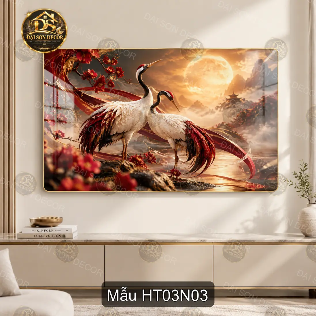 Tranh treo tường tráng gương Hạc tiên 003 thiên nga hồ sen cảnh hoàng hôn decor phòng khách