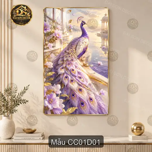 Tranh tráng gương chim công tím trang trí phòng khách quà tặng phong cách sang trọng CC01D01