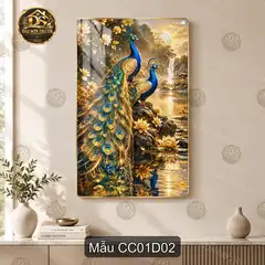 Tranh tráng gương chim công tím trang trí phòng khách quà tặng phong cách sang trọng CC01D01