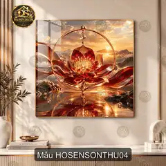 Tranh tráng gương vuông hồ sen sơn thủy phong cảnh hữu tình trang trí phòng khách