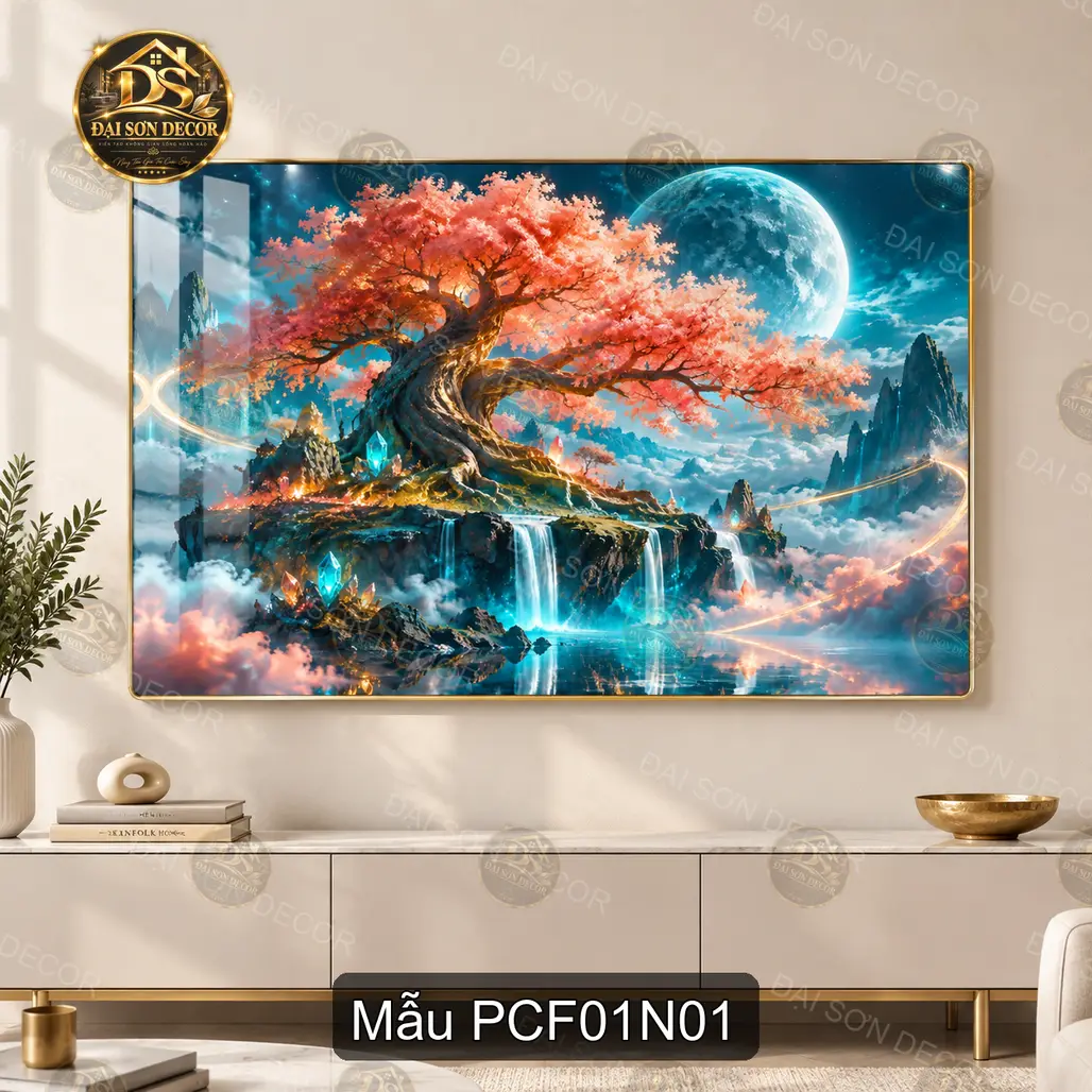 Tranh tráng gương phong cảnh fantasy cây cổ thụ và thác nước trang trí phòng khách