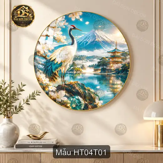 Tranh tròn tráng gương Hạc tiên 004 phong cảnh núi hồ trang trí phòng khách quà tặng