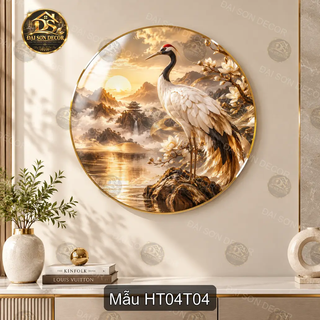 Tranh tròn tráng gương Hạc tiên 004 phong cảnh núi hồ trang trí phòng khách quà tặng