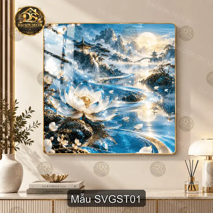 Tranh tráng gương Sen vàng giữa sơn thủy treo tường decor phòng khách sang trọng
