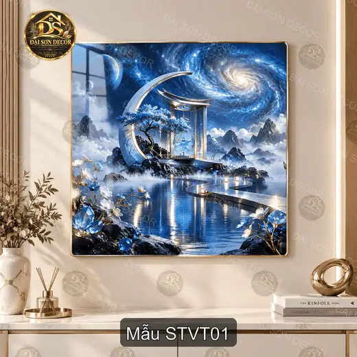 Tranh tráng gương vuông Sơn Thủy Vũ Trụ decor phòng khách sang trọng