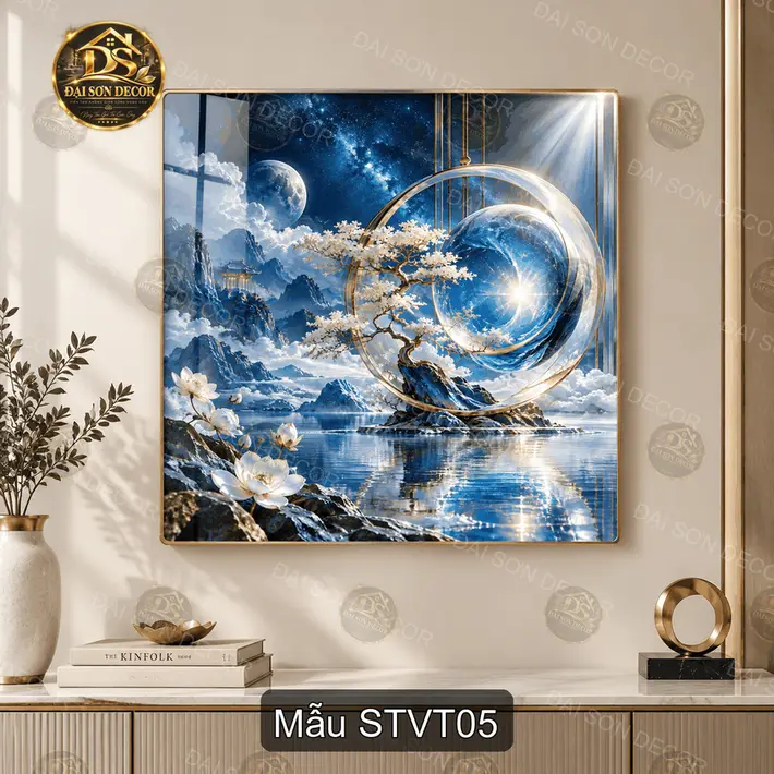 Tranh tráng gương vuông Sơn Thủy Vũ Trụ decor phòng khách sang trọng