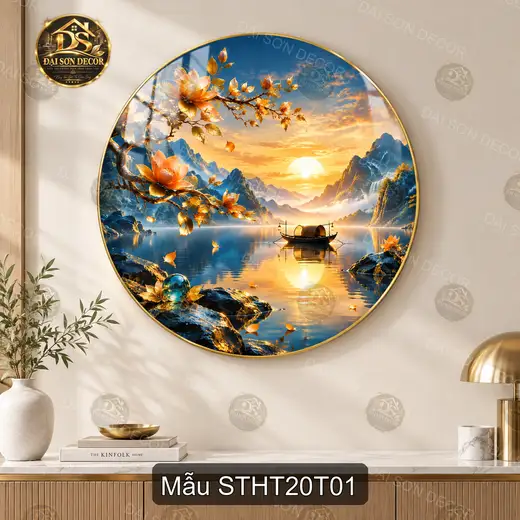 Tranh tròn tráng gương sơn thủy hữu tình 020 thuyền hoa sen treo tường decor phòng khách