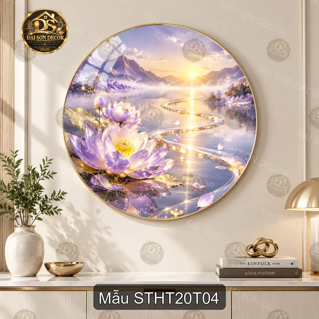 Tranh tròn tráng gương sơn thủy hữu tình 020 thuyền hoa sen treo tường decor phòng khách