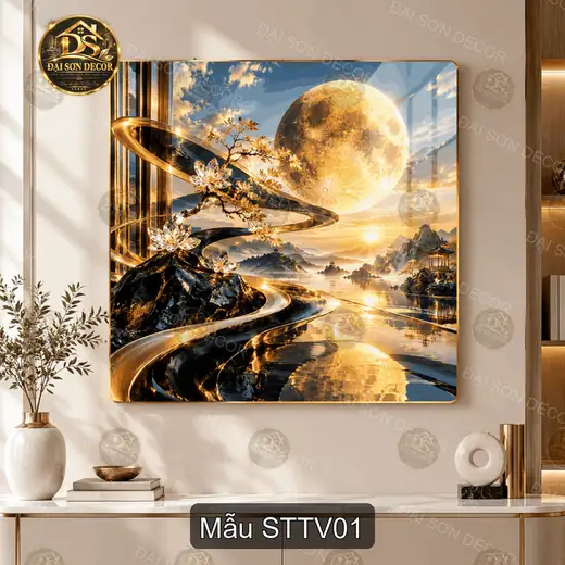 Tranh tráng gương Sơn thủy trăng vàng decor phòng khách sang trọng