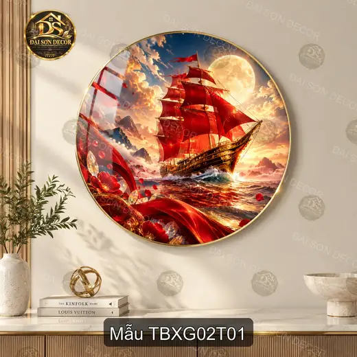 Tranh tròn tráng gương Thuận buồm xuôi gió 002 thuyền buồm đỏ nghệ thuật decor phòng khách