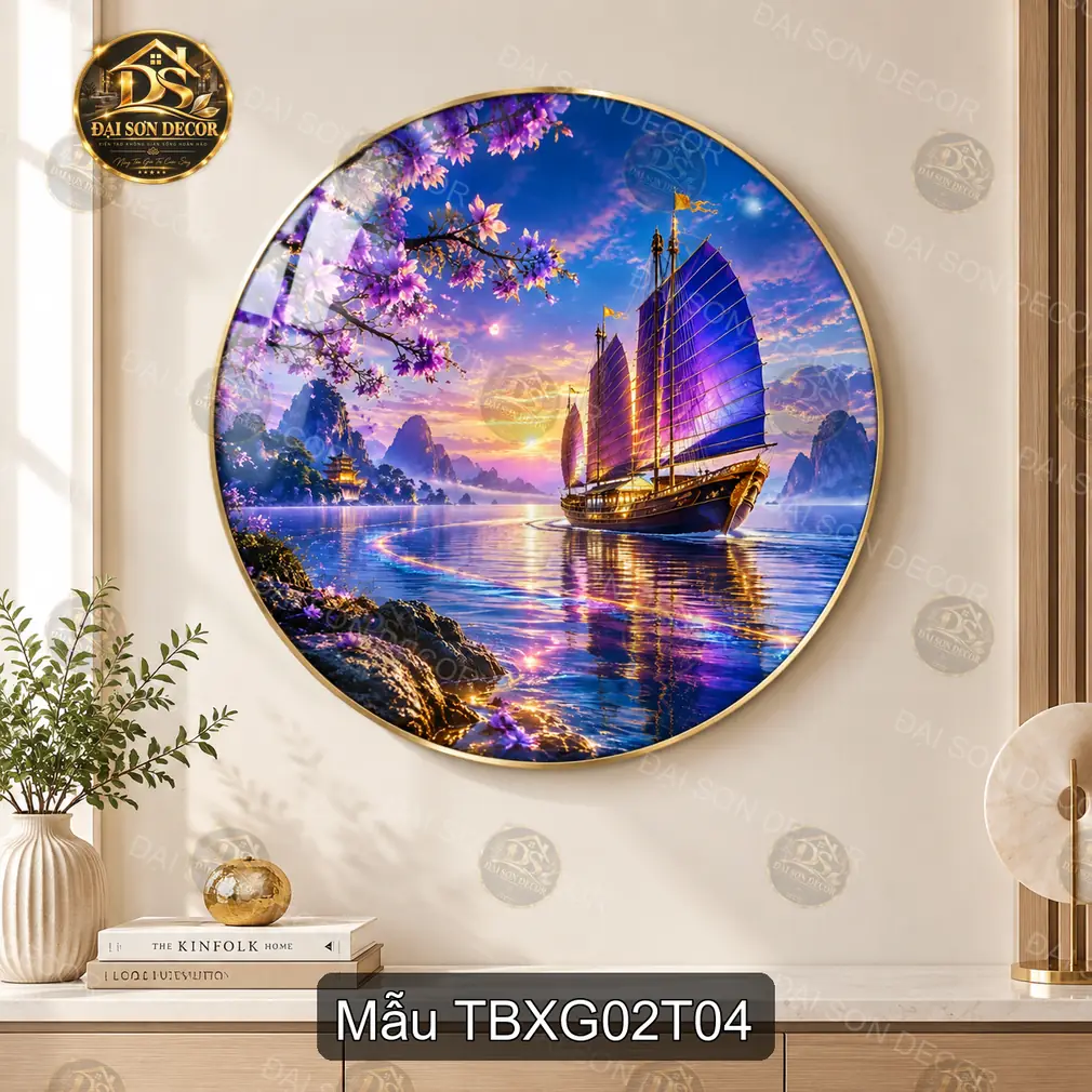 Tranh tròn tráng gương Thuận buồm xuôi gió 002 thuyền buồm đỏ nghệ thuật decor phòng khách