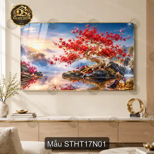 Tranh tráng gương sơn thủy hữu tình cây mai đỏ trang trí phòng khách quà tặng