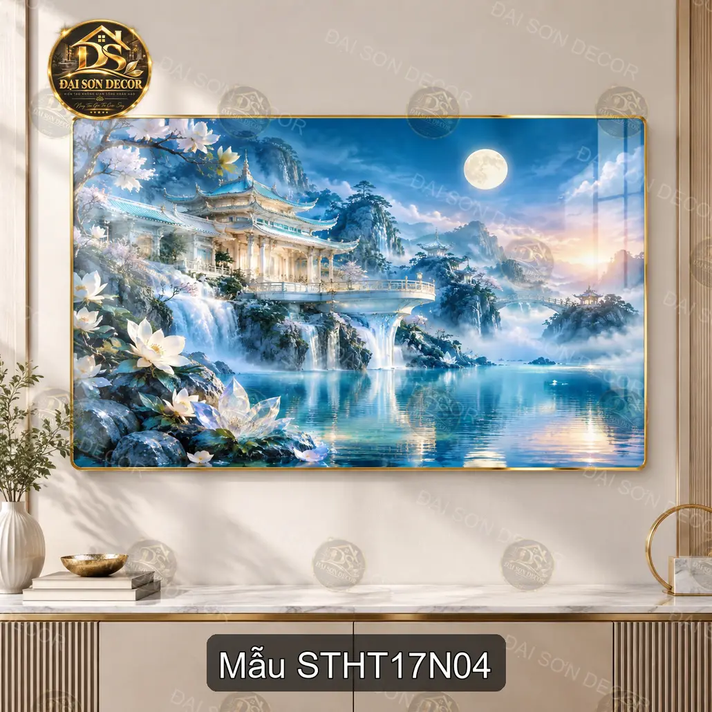 Tranh tráng gương sơn thủy hữu tình cây mai đỏ trang trí phòng khách quà tặng