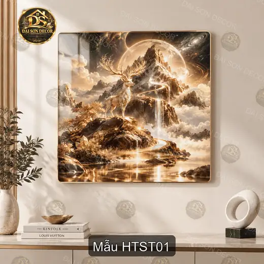 Tranh tráng gương hươu tiên sơn thủy trang trí phòng khách phong cảnh quà tặng