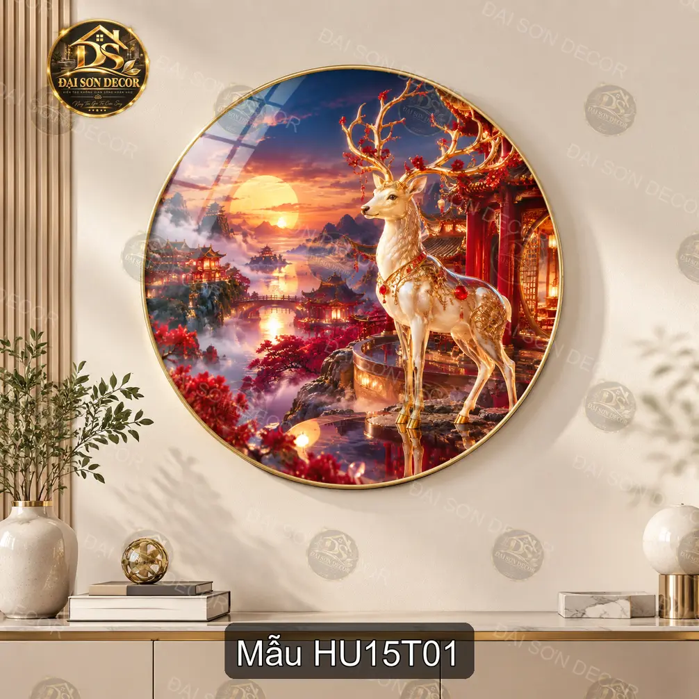 Tranh tròn tráng gương thư pháp Hươu 015 decor phòng khách sang trọng