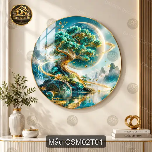 Tranh tròn tráng gương Cây sinh mệnh 002 phong cách hiện đại treo tường phòng khách
