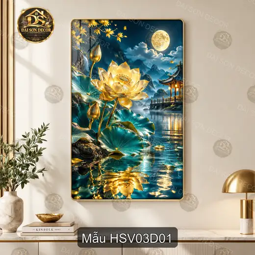 Tranh tráng gương hoa sen vàng 003 decor phòng khách phòng làm việc sang trọng