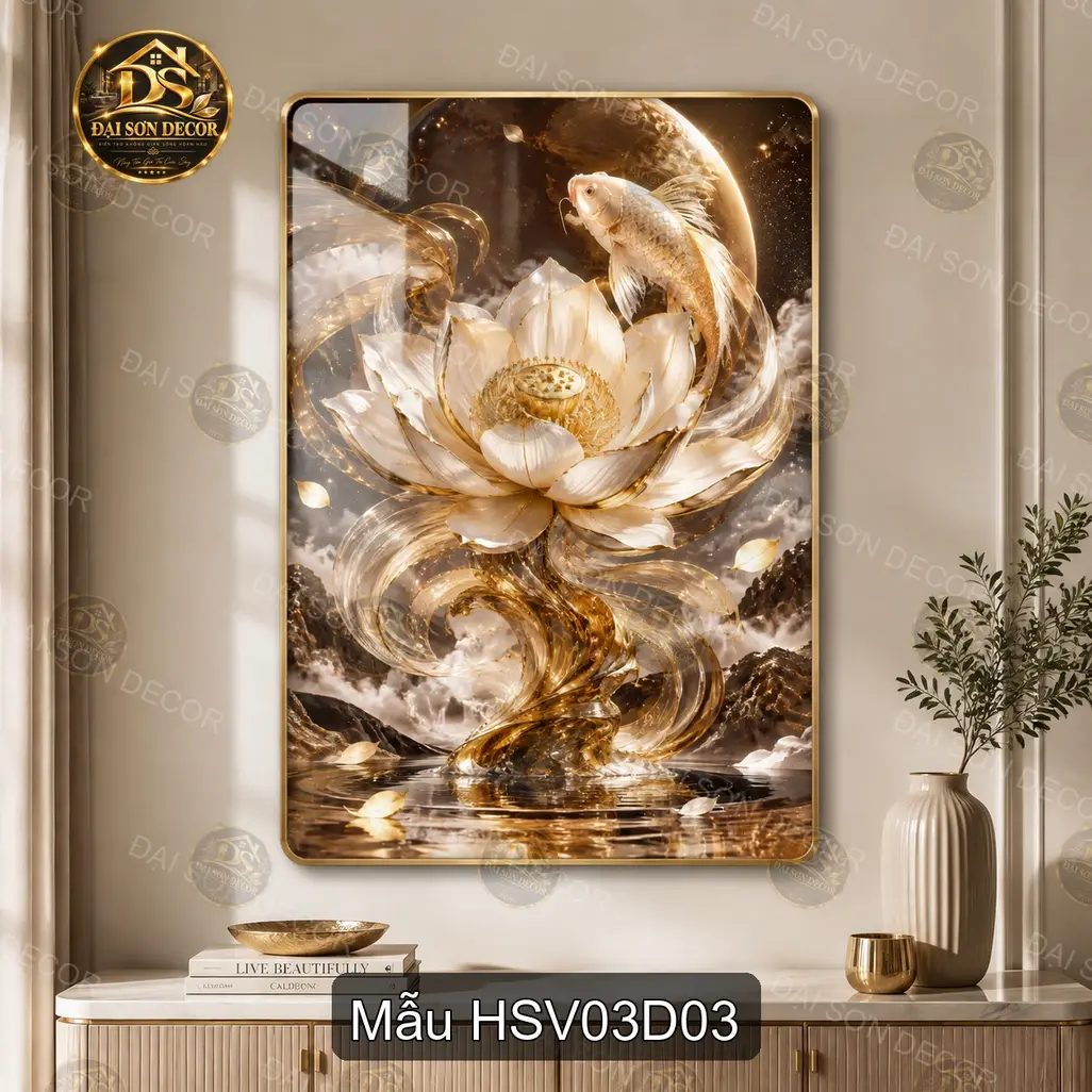 Tranh tráng gương hoa sen vàng 003 decor phòng khách phòng làm việc sang trọng