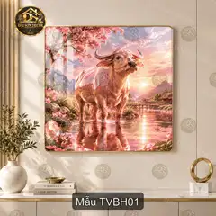 Tranh tráng gương Trâu vàng bên hồ thư pháp trang trí phòng khách vuông TVBH01