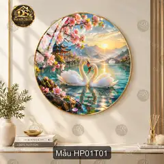 Tranh tròn tráng gương Hạnh phúc 001 đôi thiên nga hồ sen đào decor phòng khách