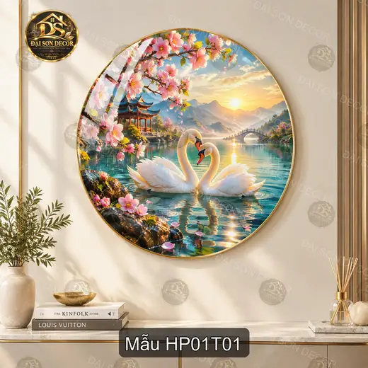 Tranh tròn tráng gương Hạnh phúc 001 đôi thiên nga hồ sen đào decor phòng khách