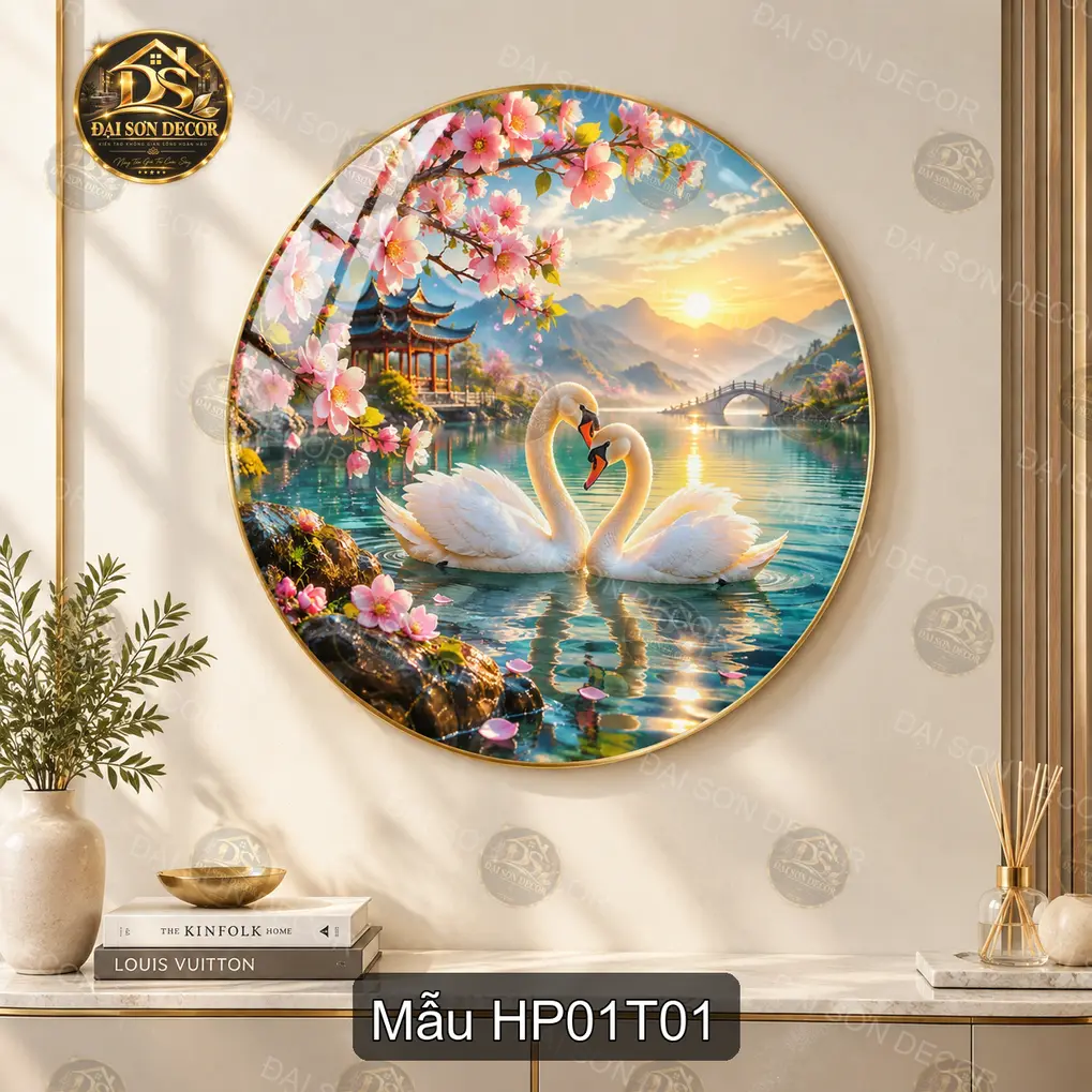 Tranh tròn tráng gương Hạnh phúc 001 đôi thiên nga hồ sen đào decor phòng khách
