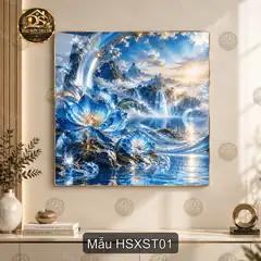Tranh tráng gương Hoa sen xanh sơn thủy vuông decor phòng khách quà tặng ý nghĩa