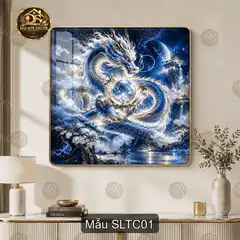 Tranh tráng gương Song long tranh châu decor phòng khách phong cách sang trọng SLTC01