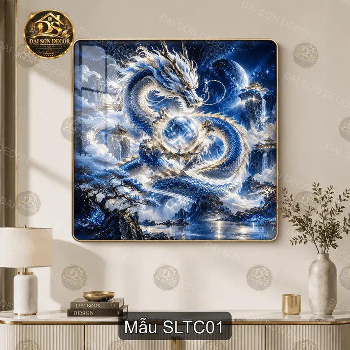 Tranh tráng gương Song long tranh châu decor phòng khách phong cách sang trọng SLTC01