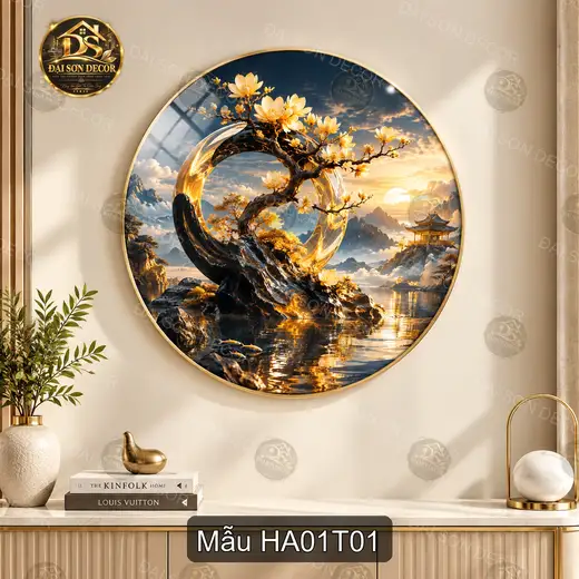 Tranh tráng gương tròn Hoa đào 001 sơn thủy hữu tình decor phòng khách quà tặng trang trí