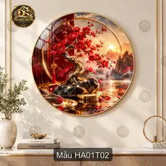 Tranh tráng gương tròn Hoa đào 001 sơn thủy hữu tình decor phòng khách quà tặng trang trí