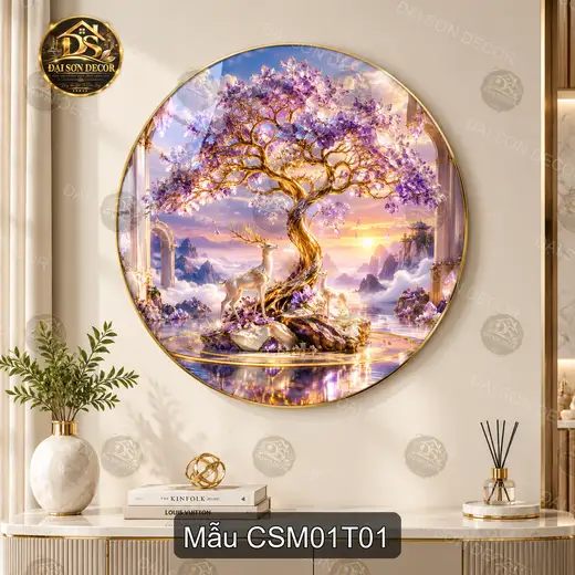 Tranh tráng gương tròn Cây sinh mệnh nghệ thuật decor phòng khách làm quà tặng sang trọng