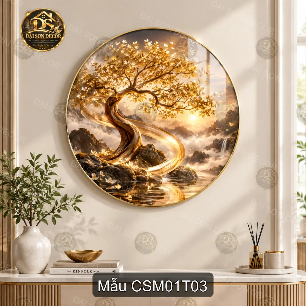 Tranh tráng gương tròn Cây sinh mệnh nghệ thuật decor phòng khách làm quà tặng sang trọng