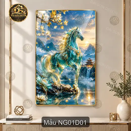 Tranh tráng gương Ngựa 001 dọc phong cảnh nghệ thuật decor phòng khách phòng làm việc sang trọng