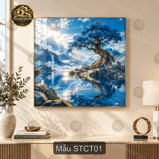 Tranh sơn thủy cầu tài tráng gương cao cấp trang trí phòng khách quà tặng