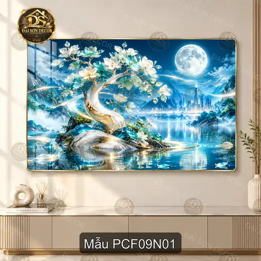 Tranh tráng gương phong cảnh fantasy 009 cây hoa bên hồ trăng decor phòng khách làm quà tặng
