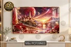 Tranh tráng gương phong cảnh fantasy 009 cây hoa bên hồ trăng decor phòng khách làm quà tặng
