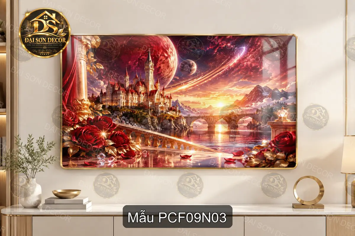 Tranh tráng gương phong cảnh fantasy 009 cây hoa bên hồ trăng decor phòng khách làm quà tặng
