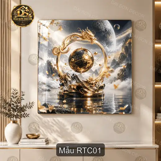 Tranh tráng gương Rồng thần châu thư pháp decor phòng khách RTC01