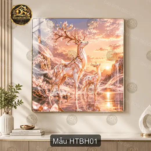 Tranh tráng gương Hươu thần bên hồ đôi hươu nghệ thuật decor phòng khách