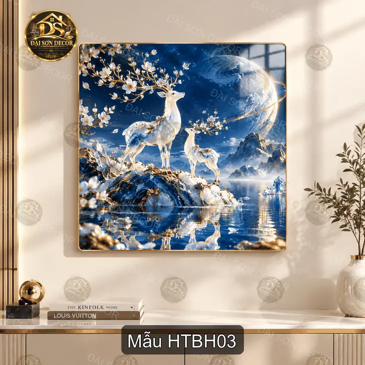 Tranh tráng gương Hươu thần bên hồ đôi hươu nghệ thuật decor phòng khách
