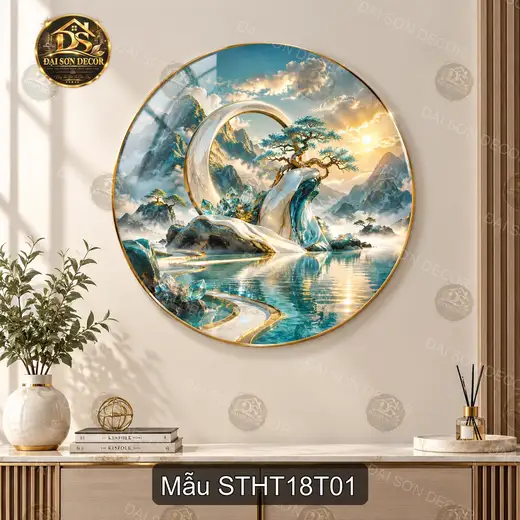 Tranh tròn tráng gương Sơn thủy hữu tình 018 thác suối cây tùng decor phòng khách