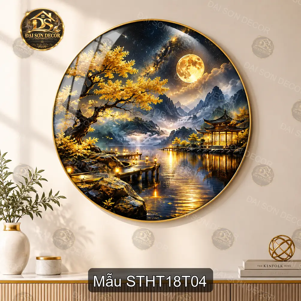 Tranh tròn tráng gương Sơn thủy hữu tình 018 thác suối cây tùng decor phòng khách